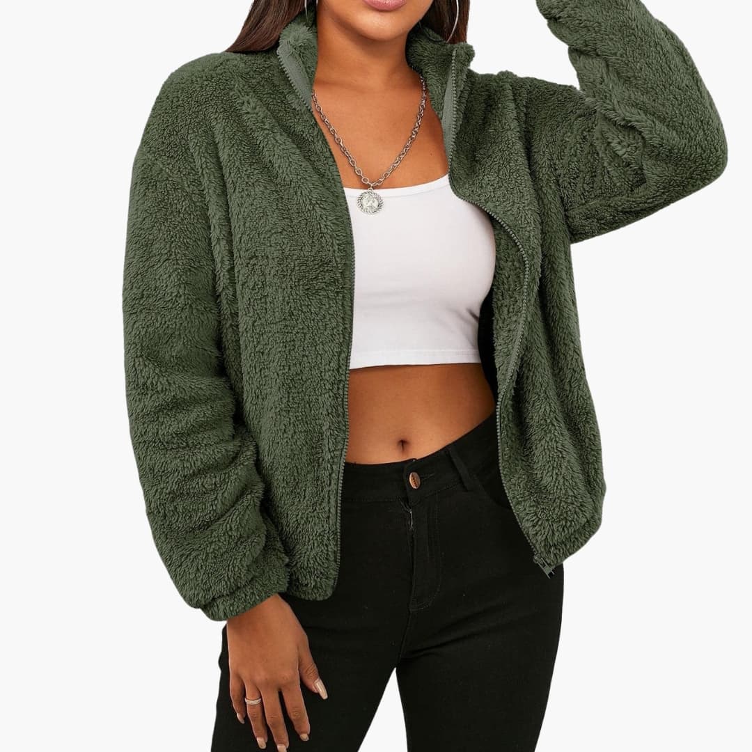 Veste Courte Femme en Peluche avec Col Montant