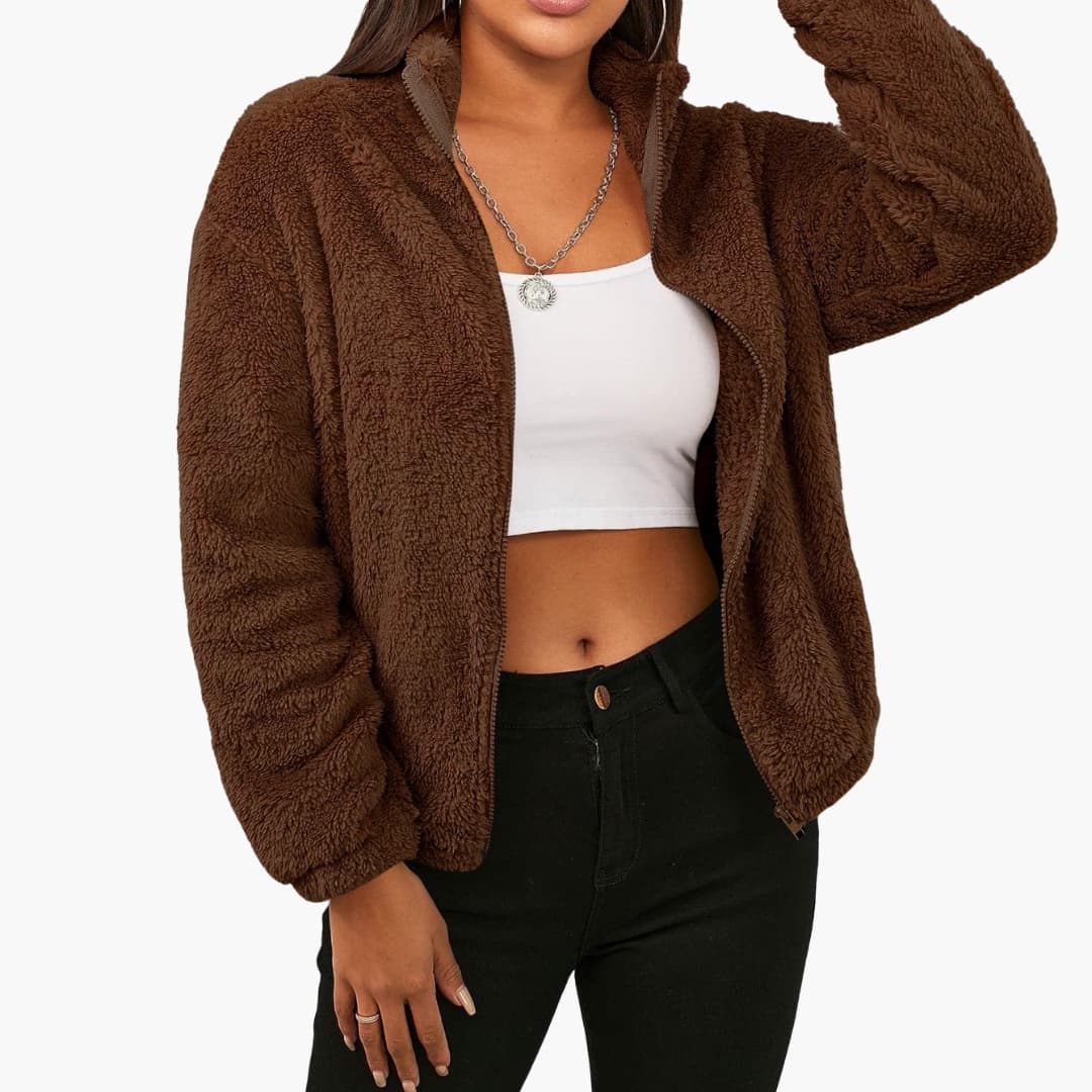 Veste Courte Femme en Peluche avec Col Montant