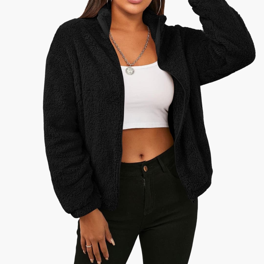 Veste Courte Femme en Peluche avec Col Montant