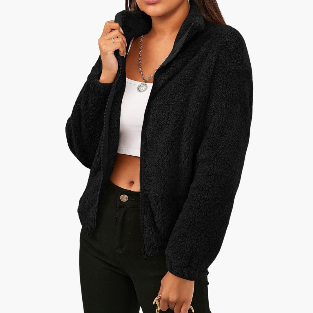 Veste Courte Femme en Peluche avec Col Montant