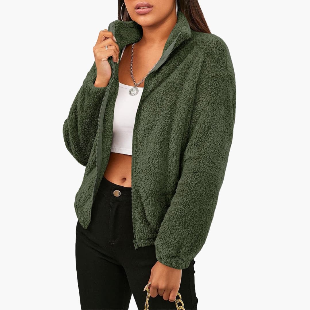 Veste Courte Femme en Peluche avec Col Montant