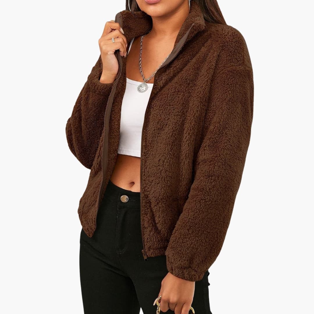 Veste Courte Femme en Peluche avec Col Montant