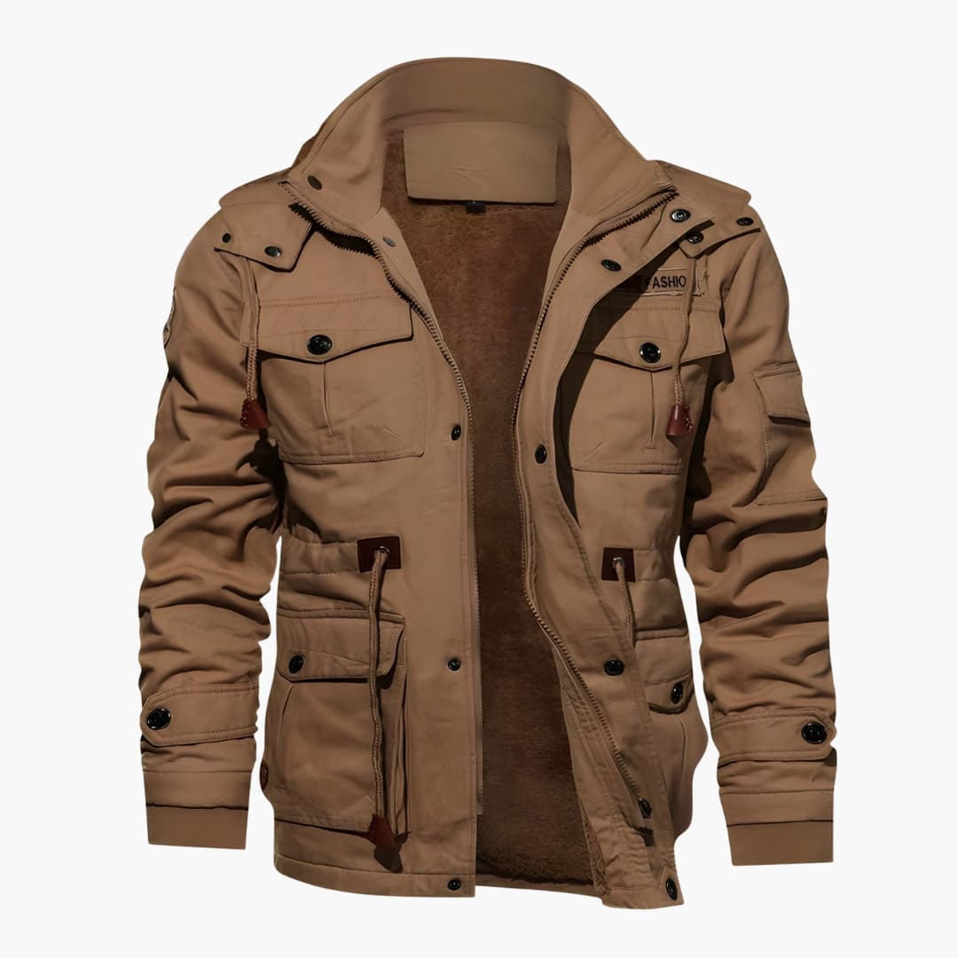 Casaco de Homem com Capuz e Múltiplos Bolsos na Frente