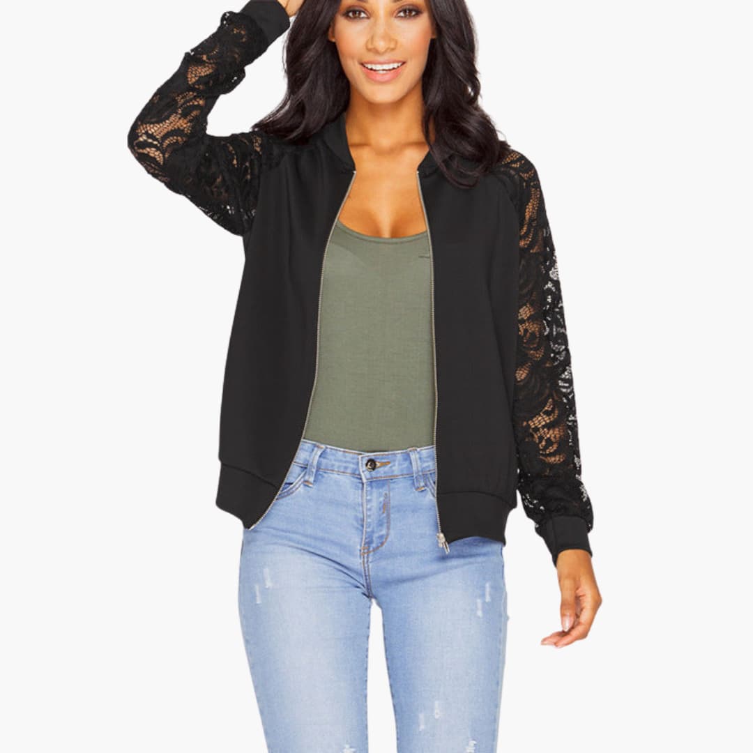 Chaqueta bomber para mujer con mangas de encaje y cierre con cremallera