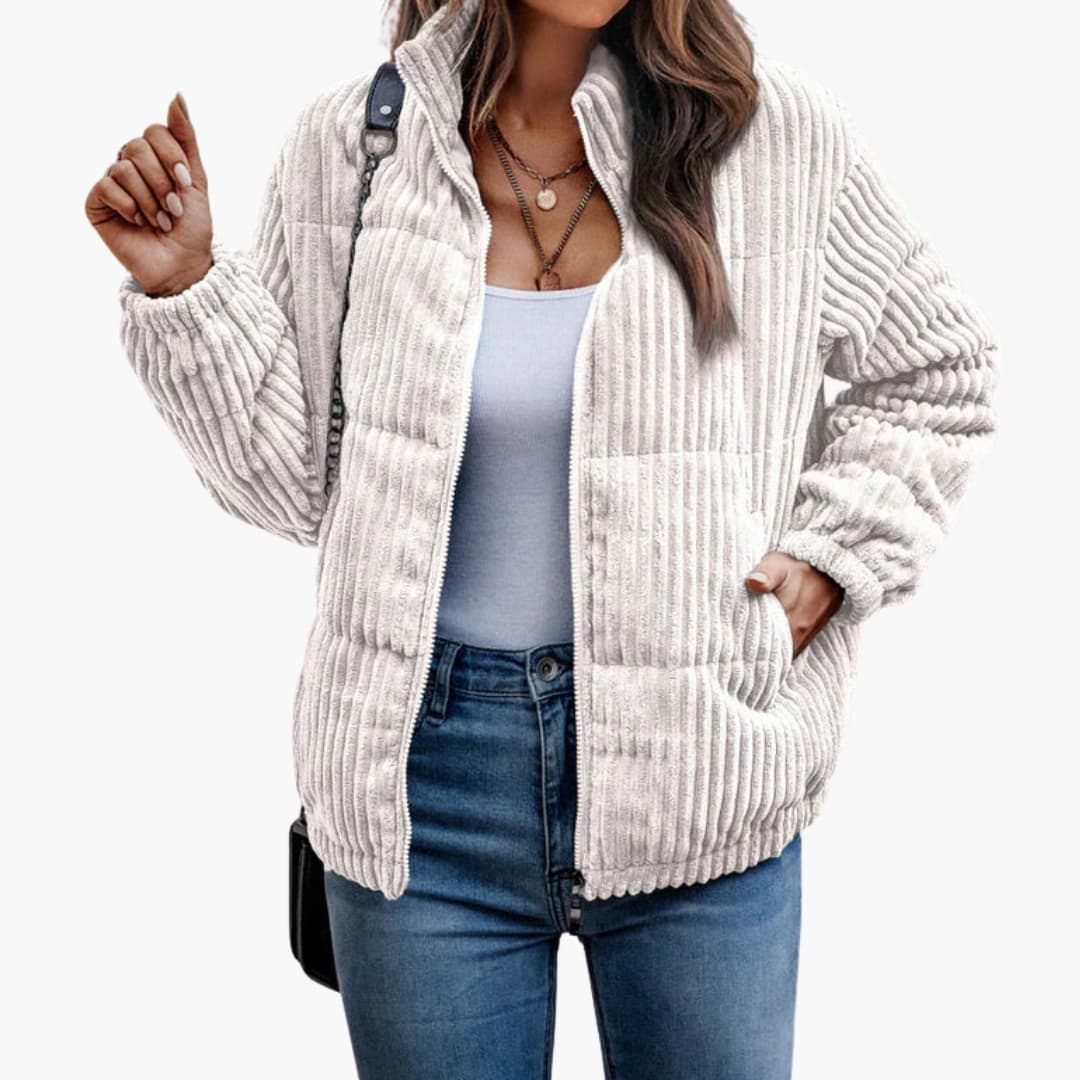 Veste d’Hiver Femme Côtelée Verte avec Fermeture Éclair