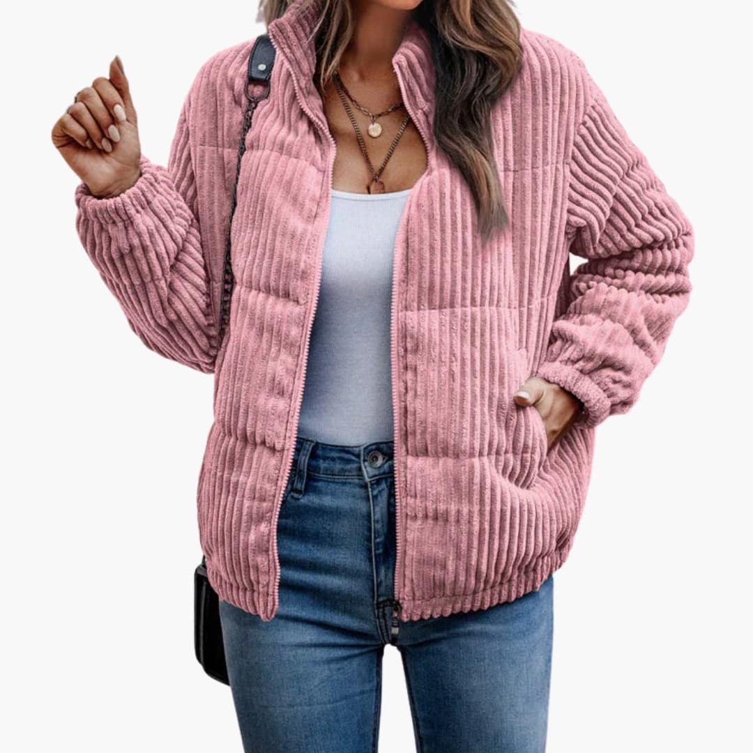 Veste d’Hiver Femme Côtelée Verte avec Fermeture Éclair