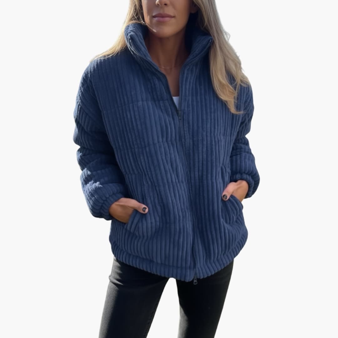 Veste d’Hiver Femme Côtelée Verte avec Fermeture Éclair