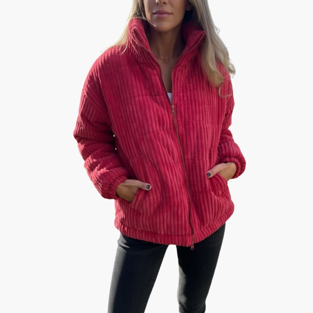 Veste d’Hiver Femme Côtelée Verte avec Fermeture Éclair