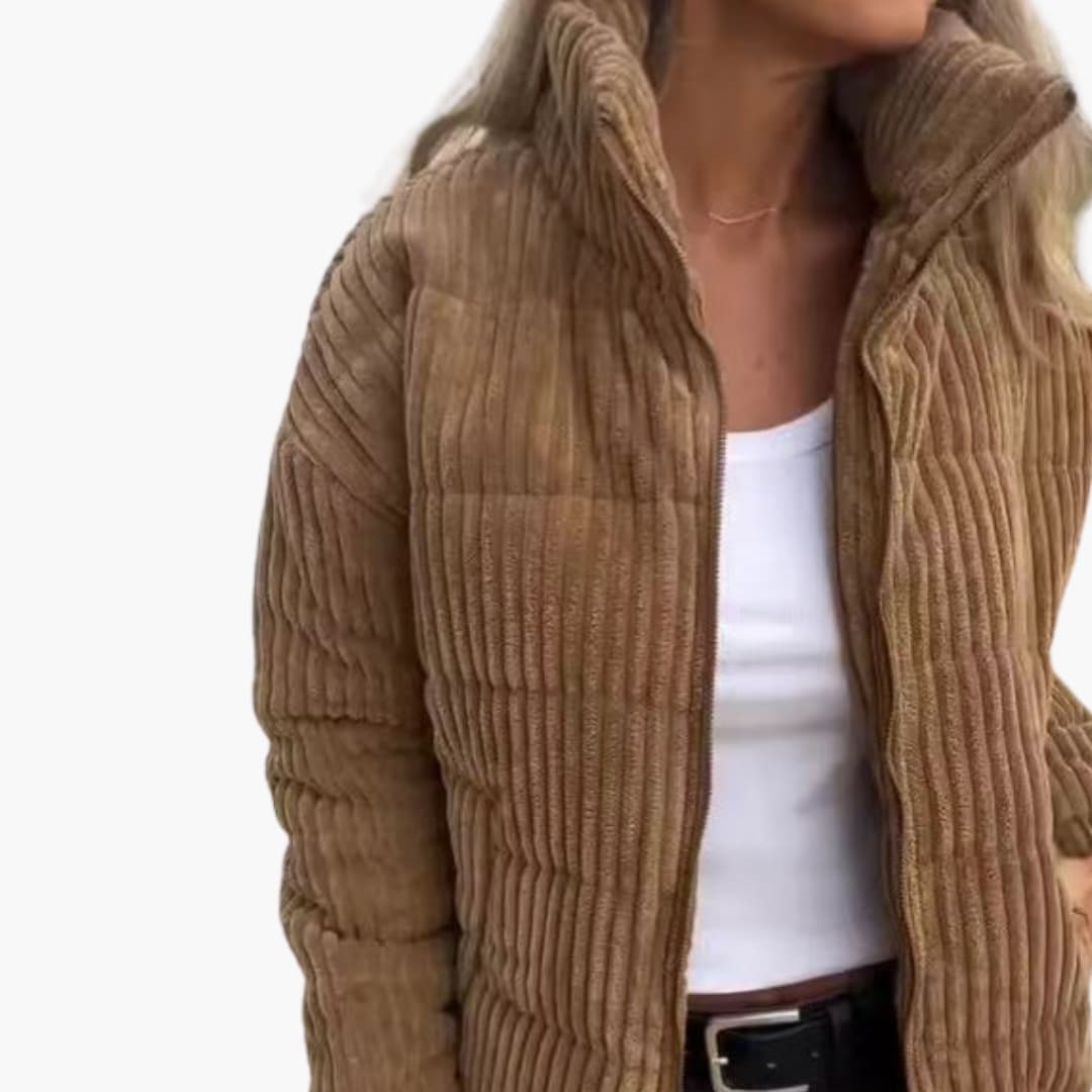 Veste d’Hiver Femme Côtelée Verte avec Fermeture Éclair