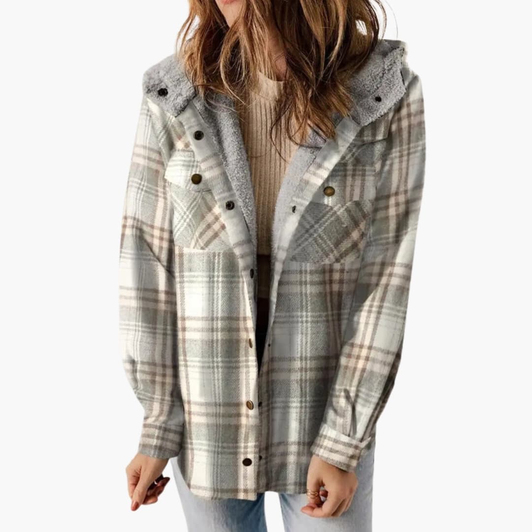 Women's winter jacket with hood, check pattern, and button closure