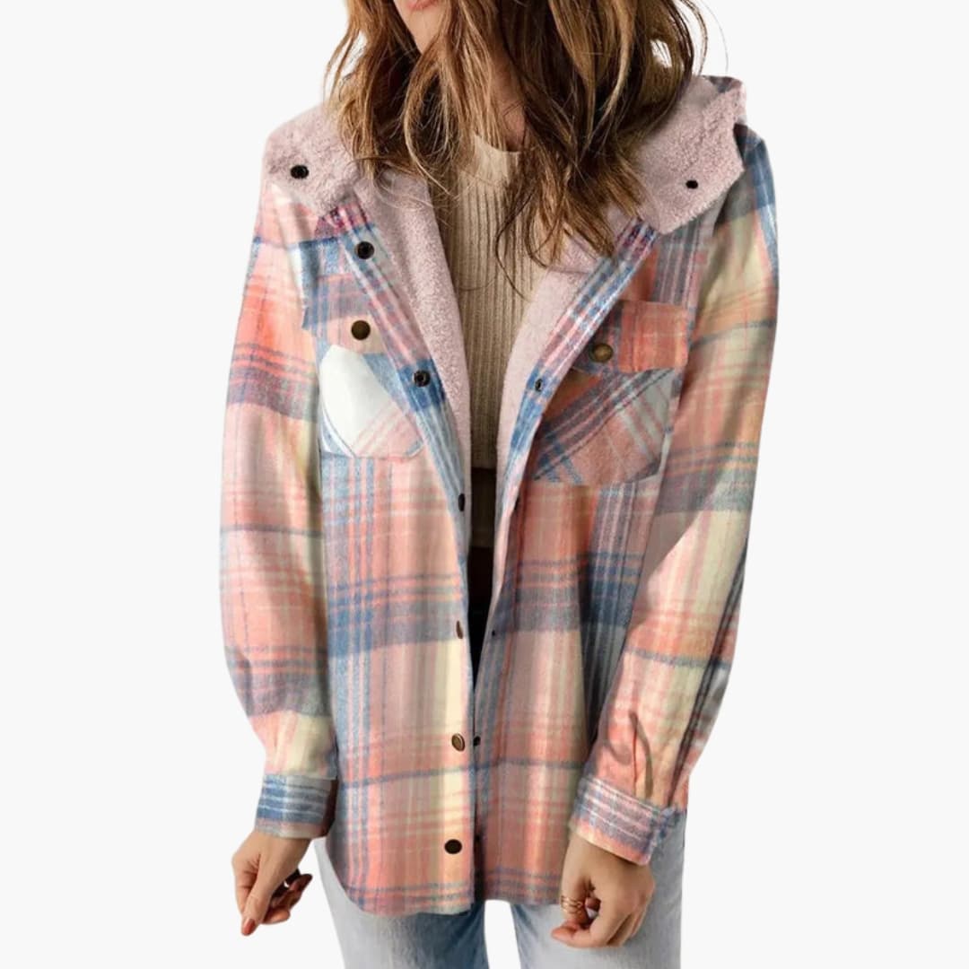 Veste d’hiver femme à capuche avec motif carreaux et fermeture à boutons