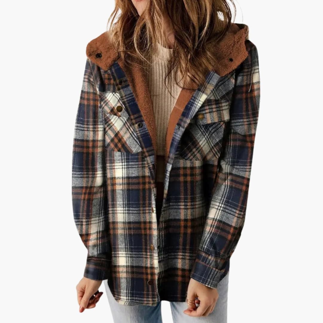 Veste d’hiver femme à capuche avec motif carreaux et fermeture à boutons