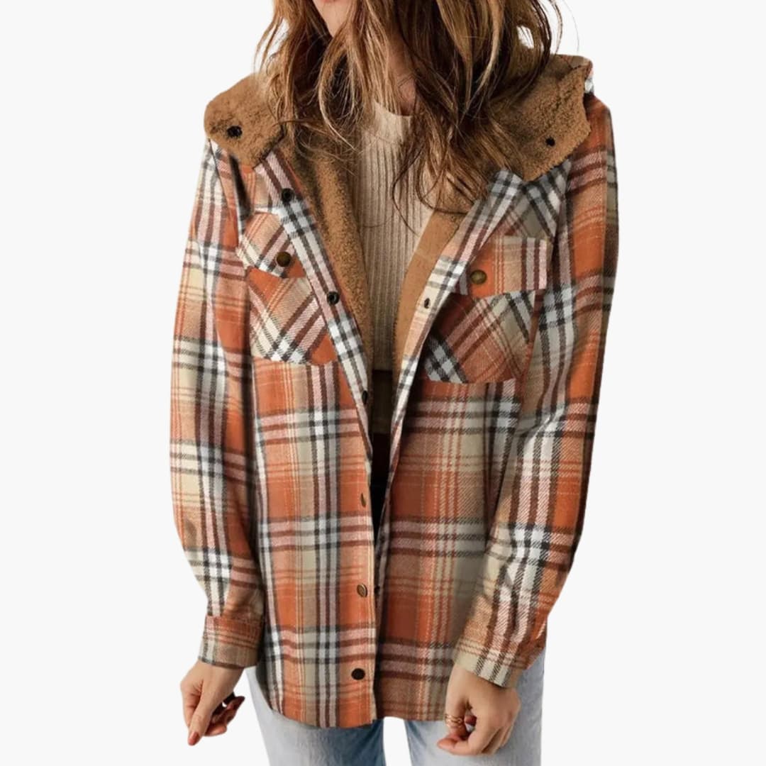 Women's winter jacket with hood, check pattern, and button closure