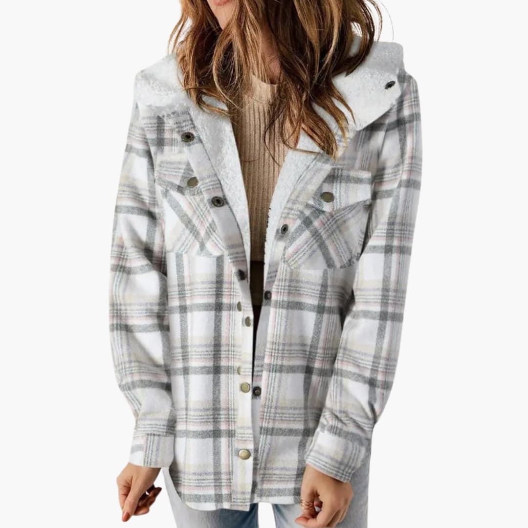 Women's winter jacket with hood, check pattern, and button closure