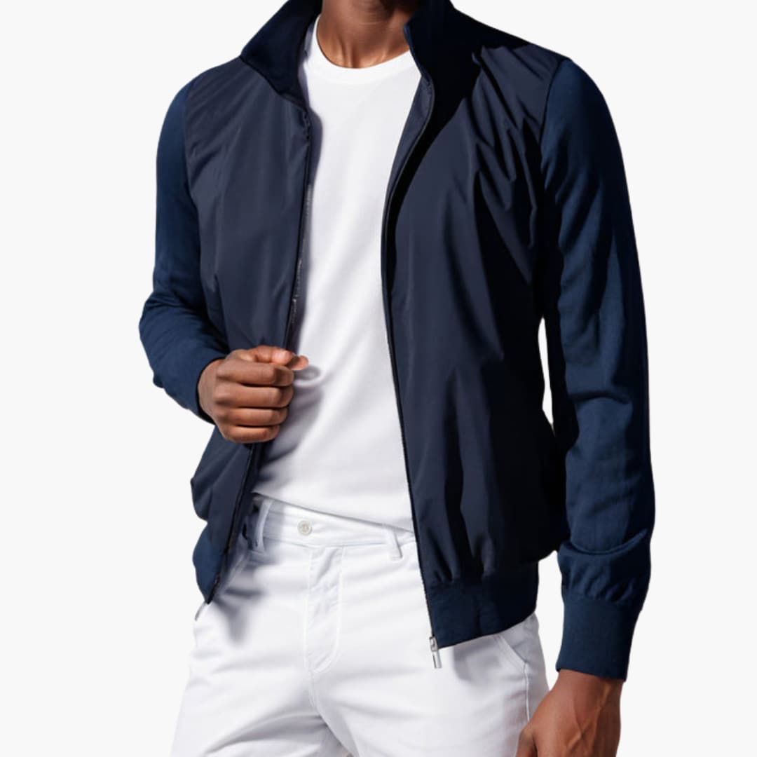 Men's sports jacket with stand-up collar and zip closure