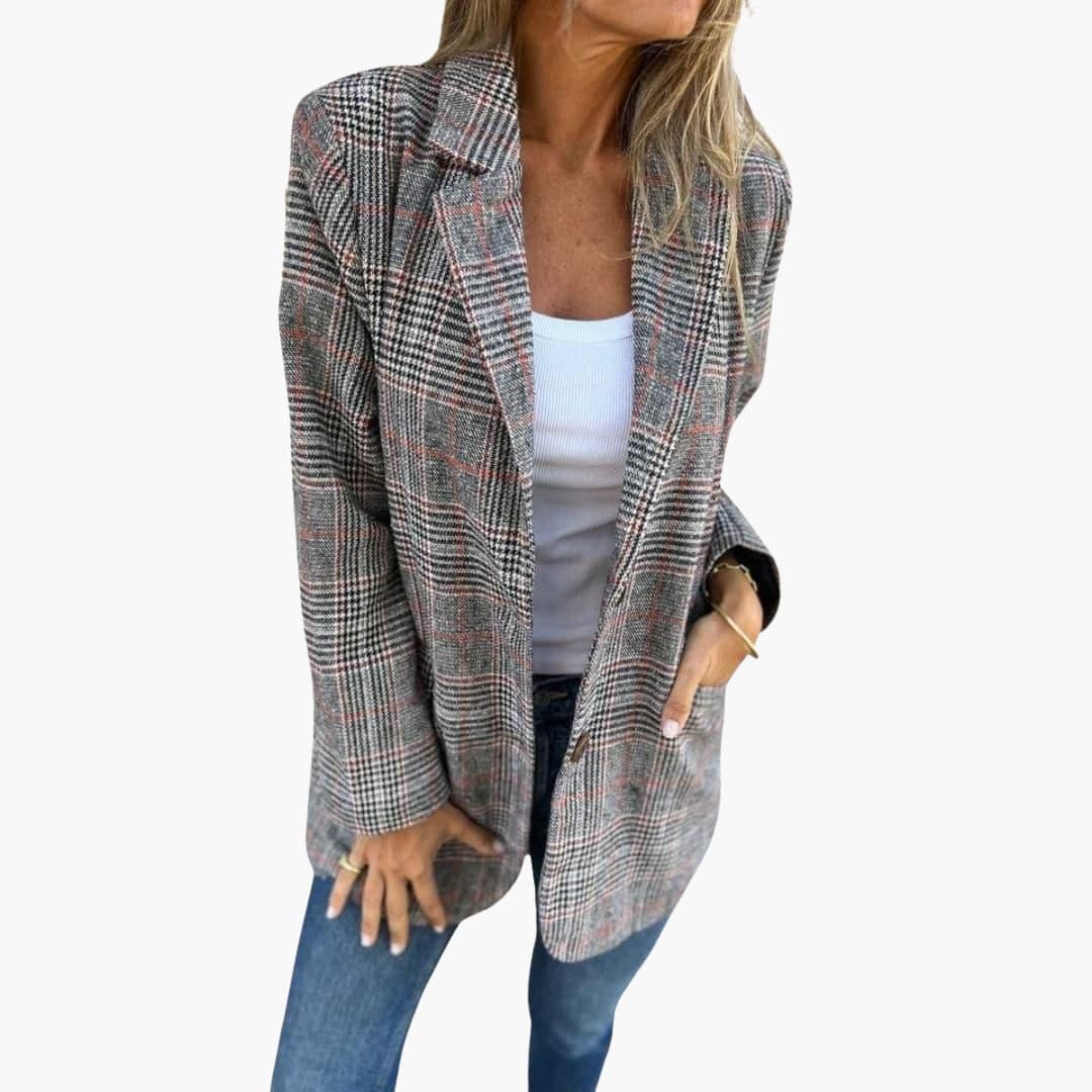 Veste femme à carreaux avec col à cran et poches devant