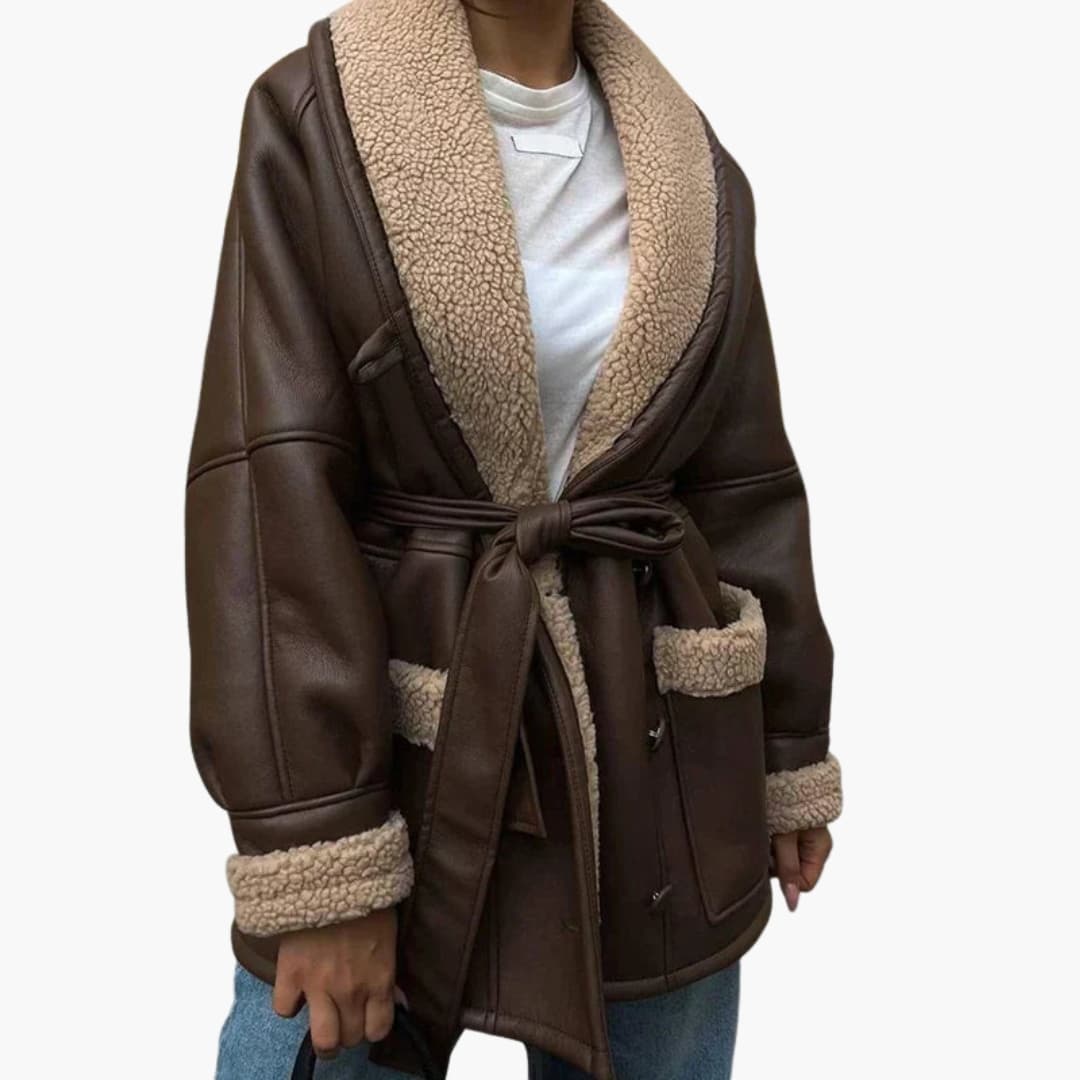 Veste femme ceinturée avec col châle et poches avant