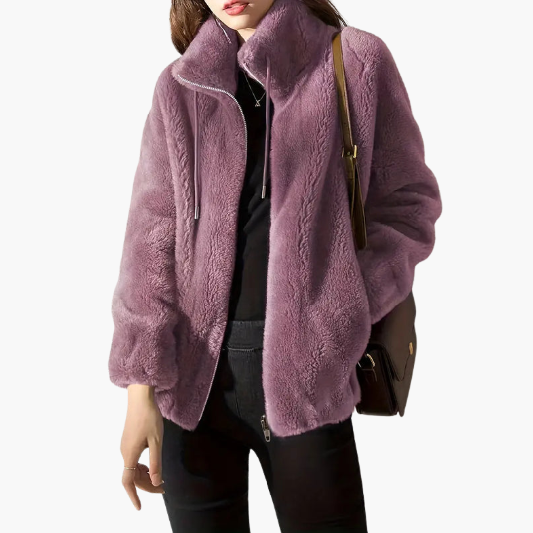 Giacca donna in materiale soffice con chiusura lampo e collo alto
