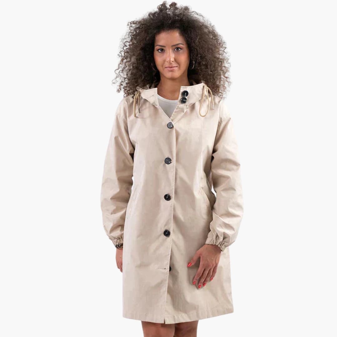 Veste femme longue avec capuche et fermeture boutonnée