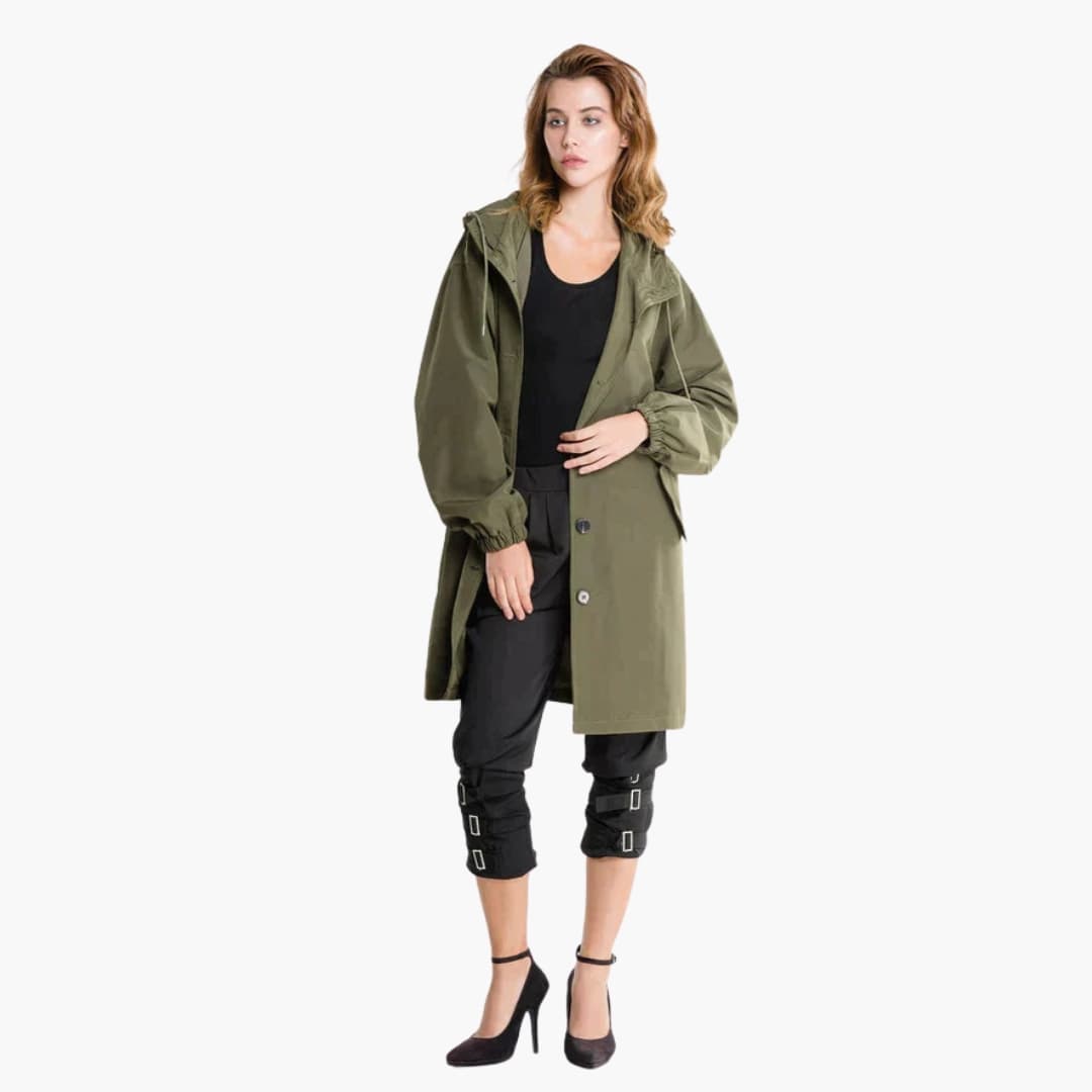 Veste femme longue avec capuche et fermeture boutonnée