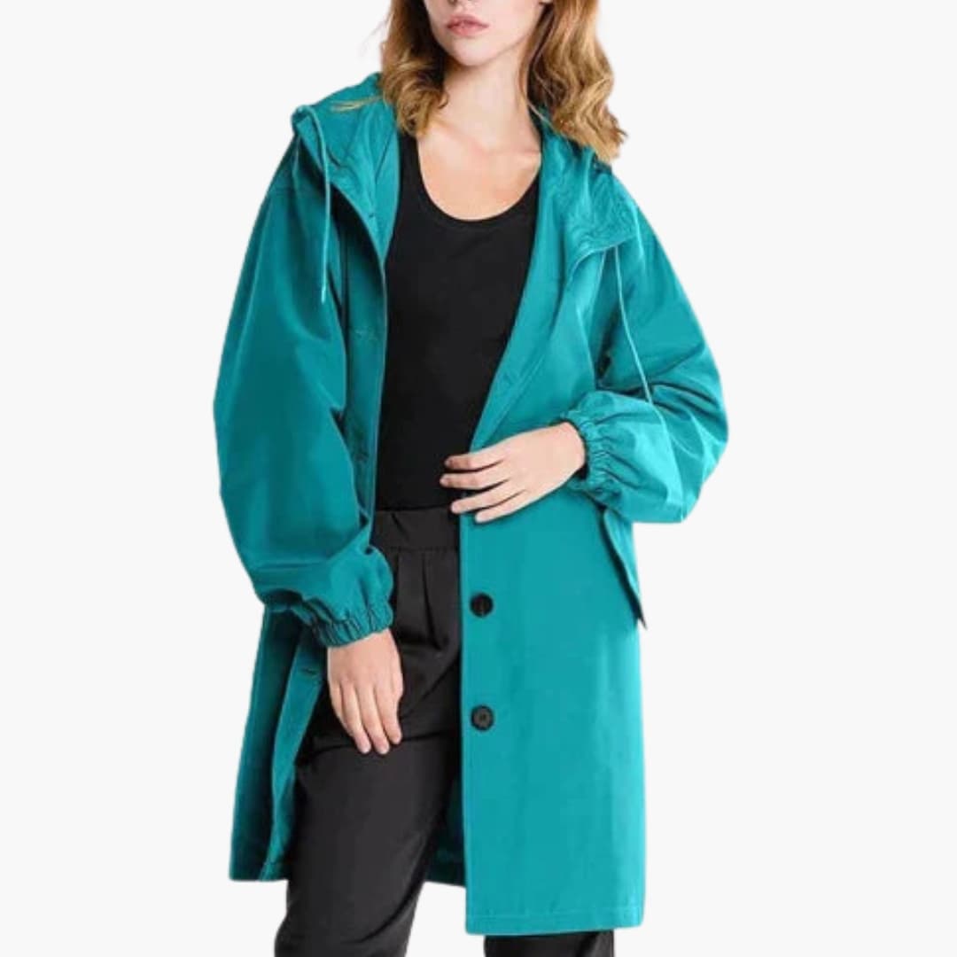 Veste femme longue avec capuche et fermeture boutonnée