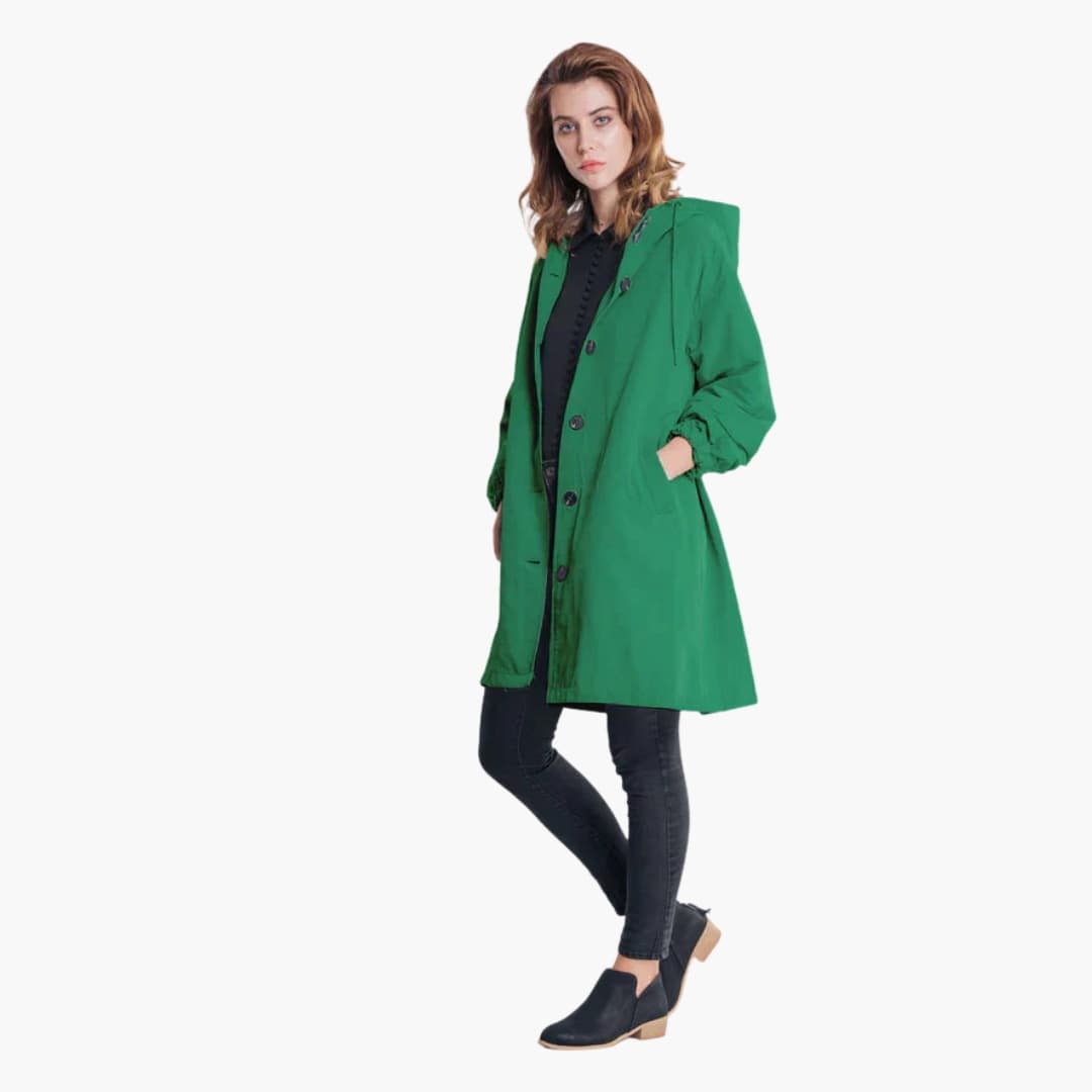 Veste femme longue avec capuche et fermeture boutonnée