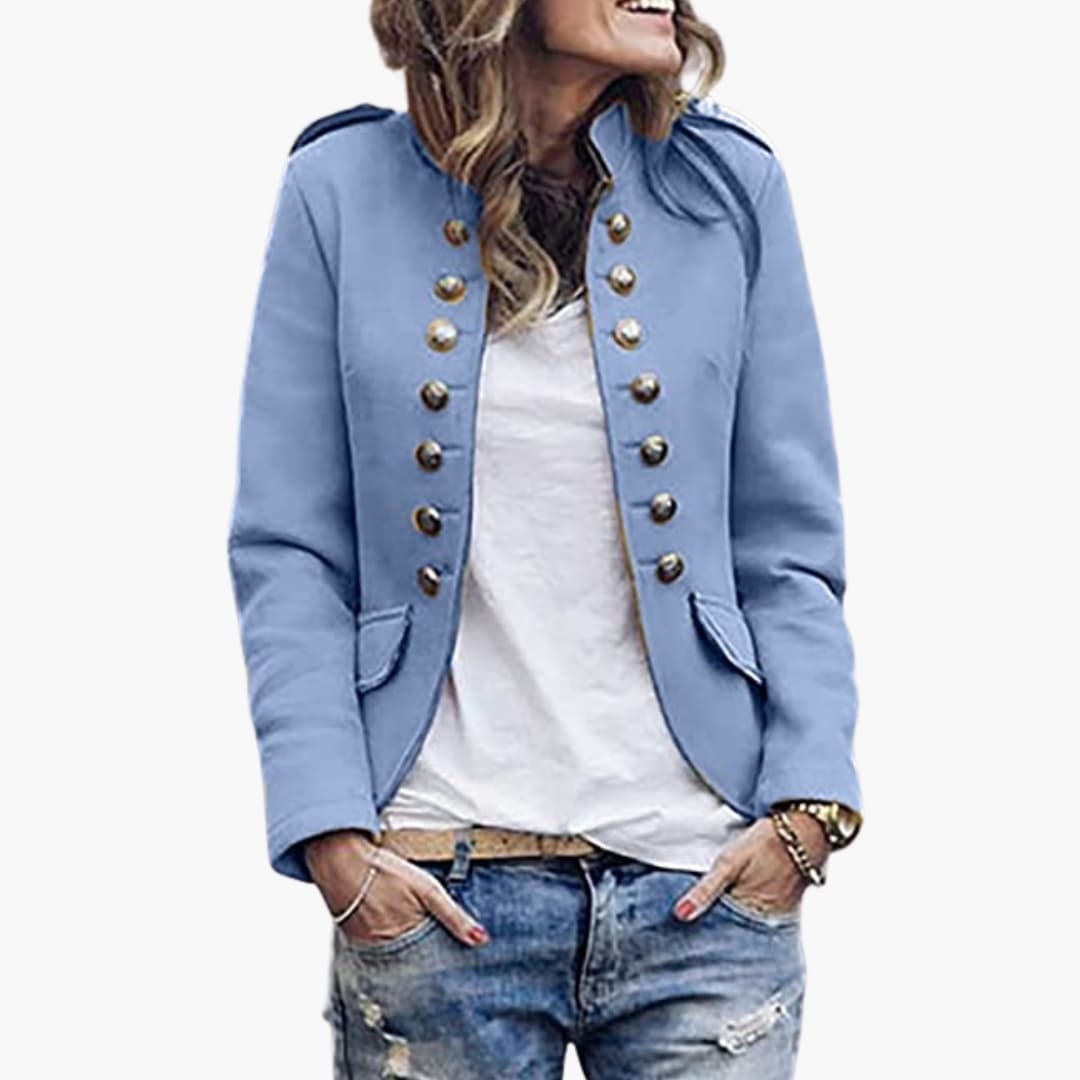 Veste femme style militaire avec col montant et boutons décoratifs