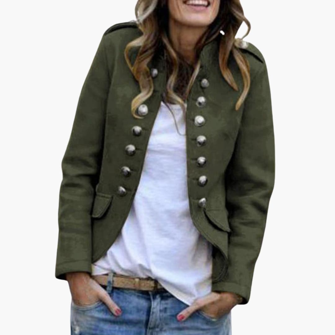 Veste femme style militaire avec col montant et boutons décoratifs