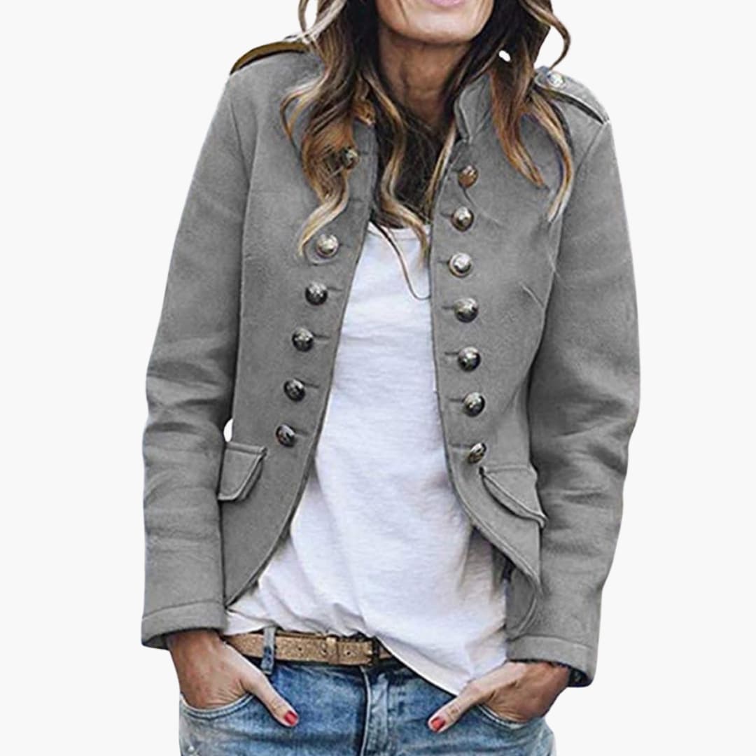Veste femme style militaire avec col montant et boutons décoratifs