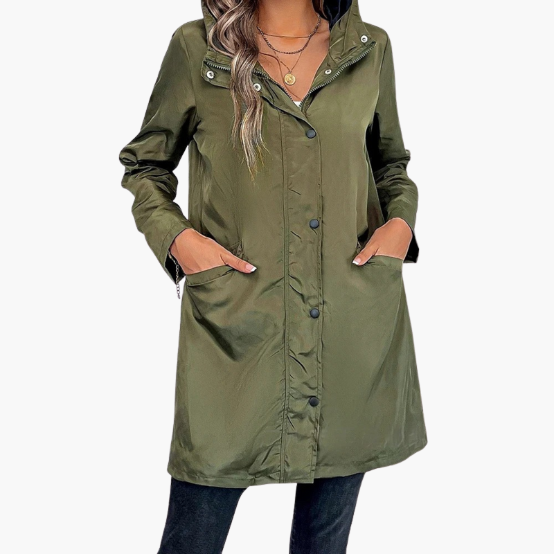 Veste longue à capuche pour femme avec boutons sur le devant et poches latérales