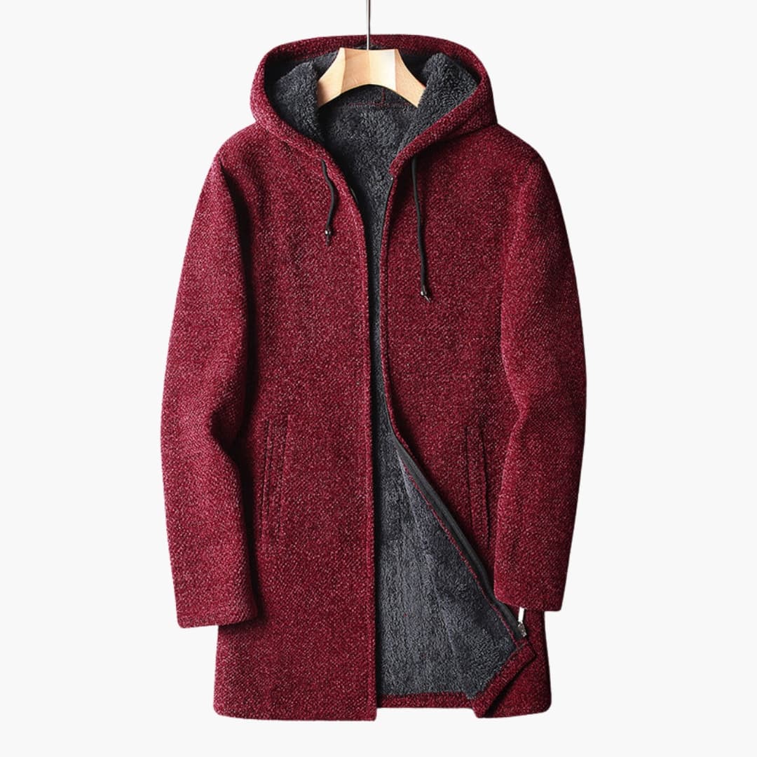 Casaco polar masculino longo com capuz e fecho de correr integral