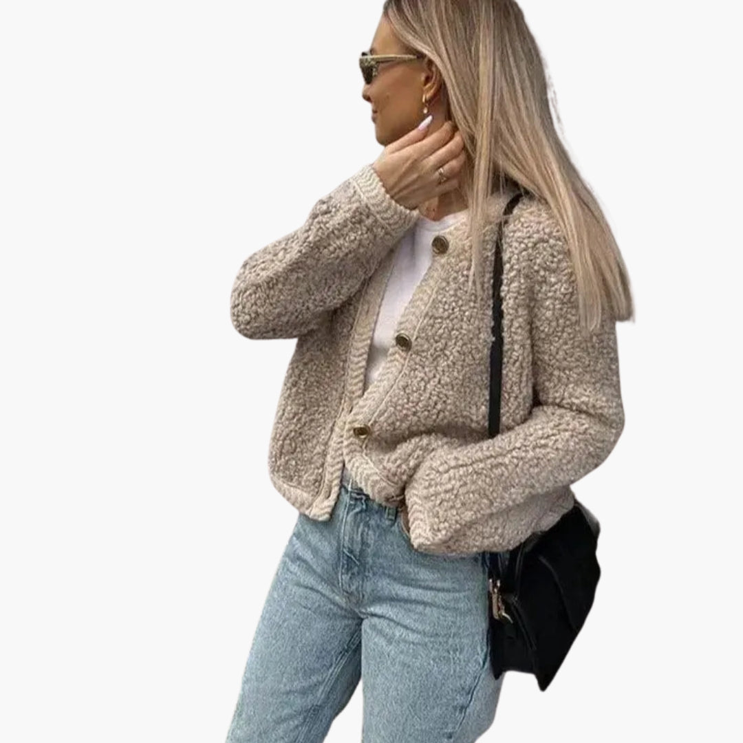 Women's teddy jacket with round collar and loose fit