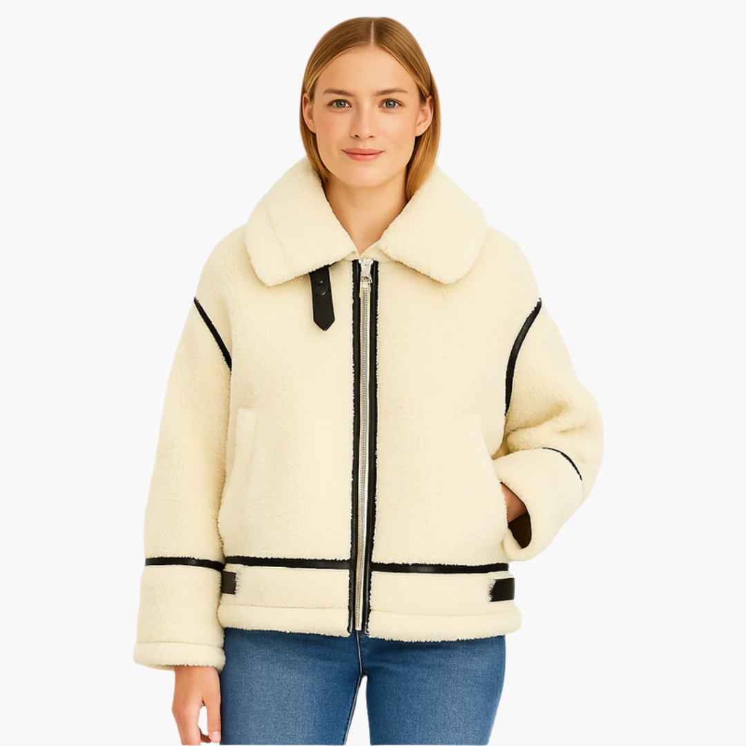 Giacca teddy da donna con chiusura lampo e bordi a contrasto