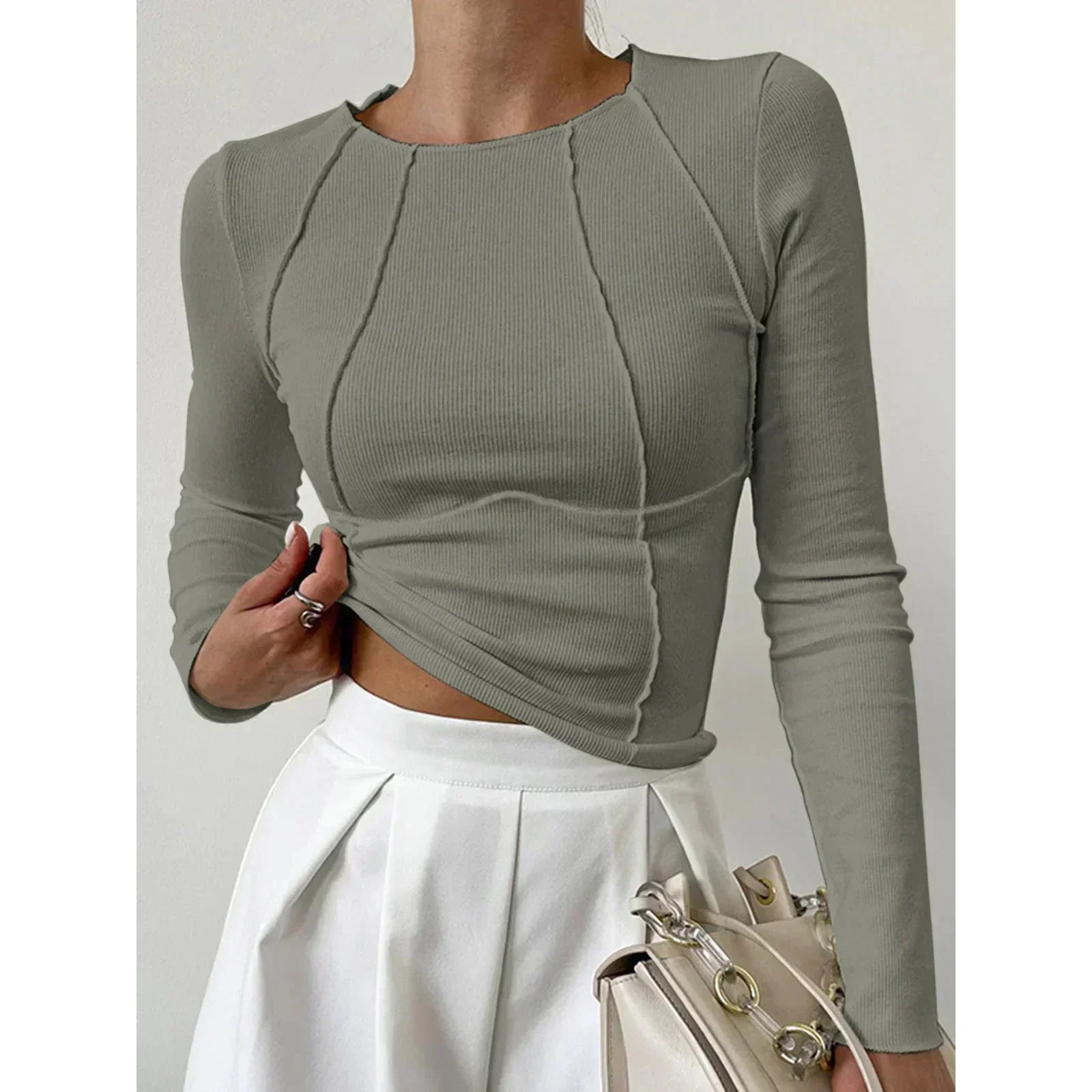 Haut femme manches longues moulant | Col rond élégant | Coupe ajustée, style moderne pour bureau et soirée