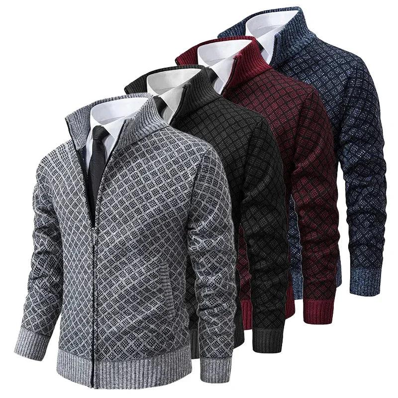 Veste en tricot zippée pour homme avec motif géométrique et poignets côtelés