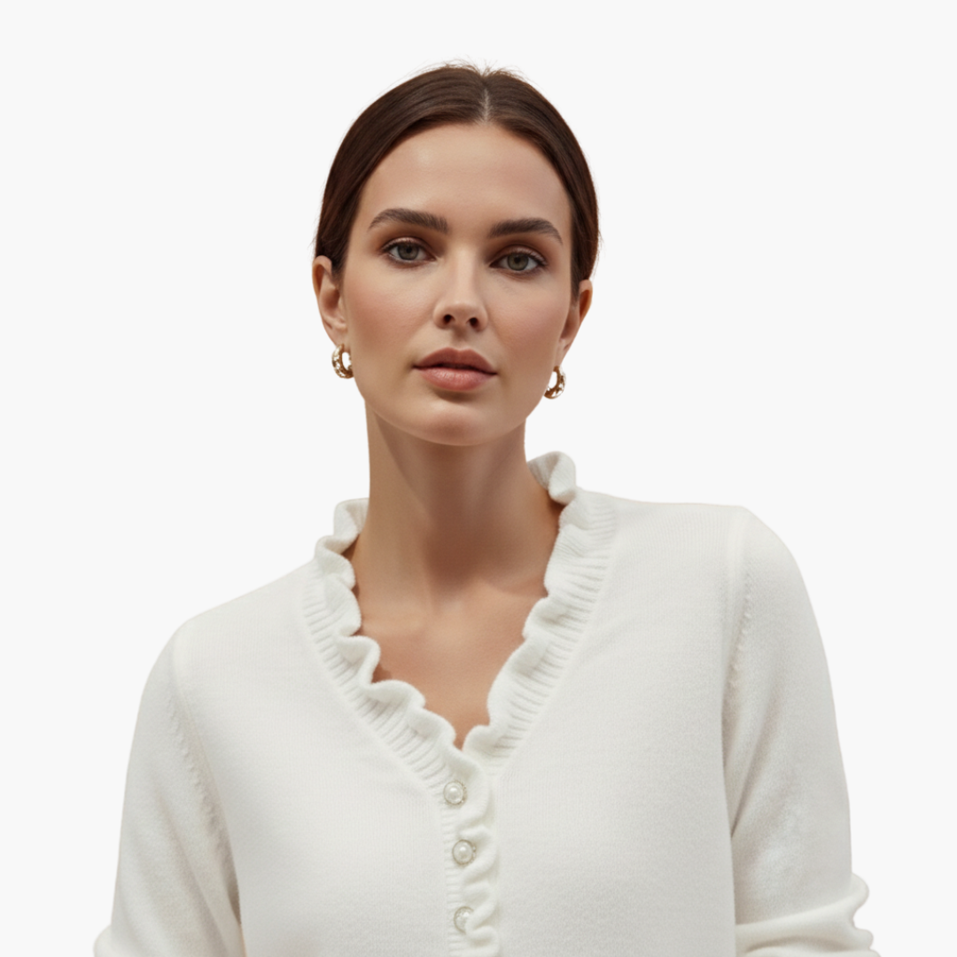 Women's long-sleeve sweater with ruffled collar and pearl buttons
