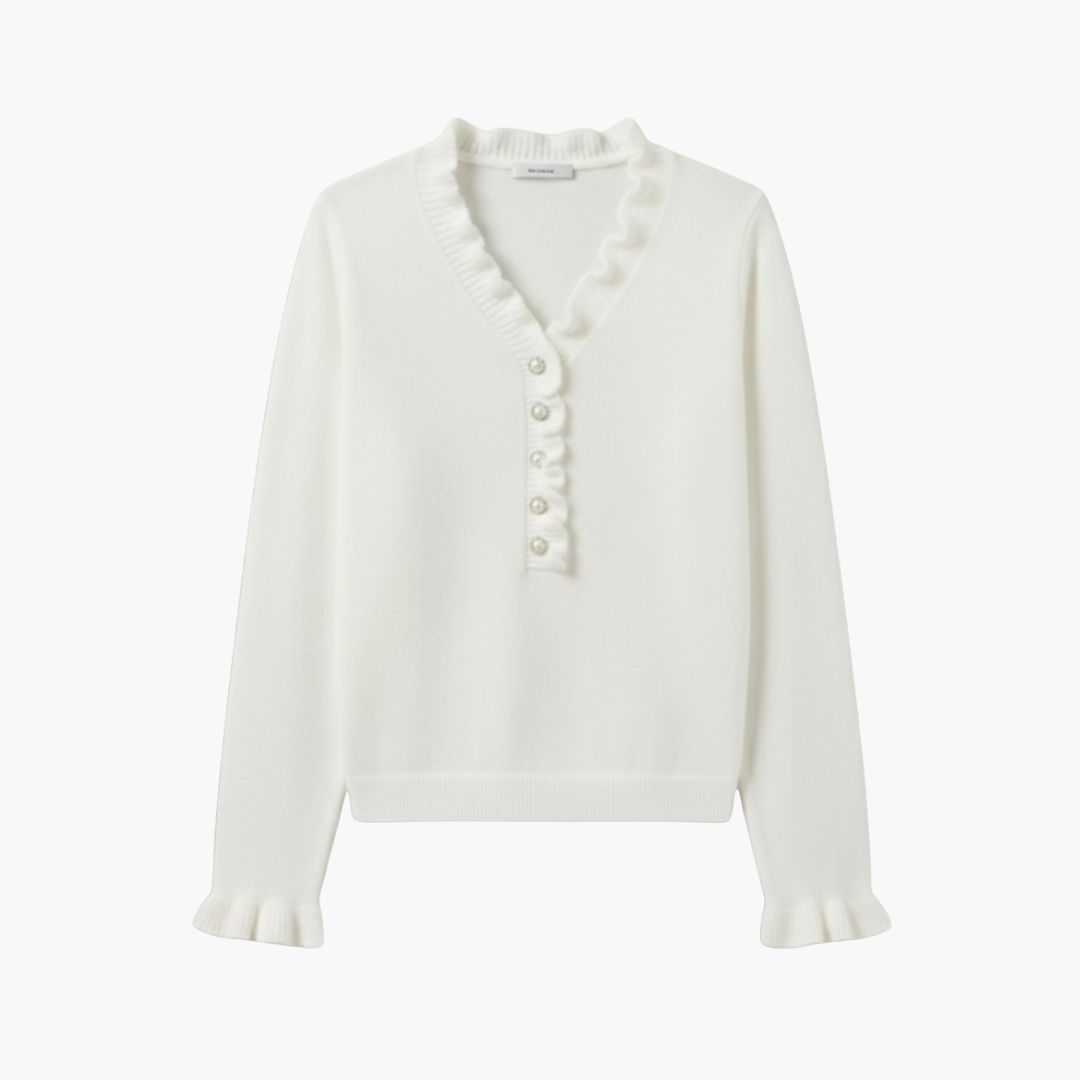 Women's long-sleeve sweater with ruffled collar and pearl buttons