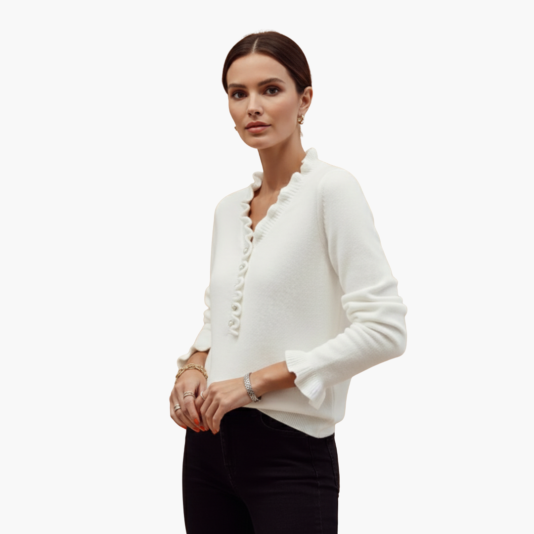 Women's long-sleeve sweater with ruffled collar and pearl buttons