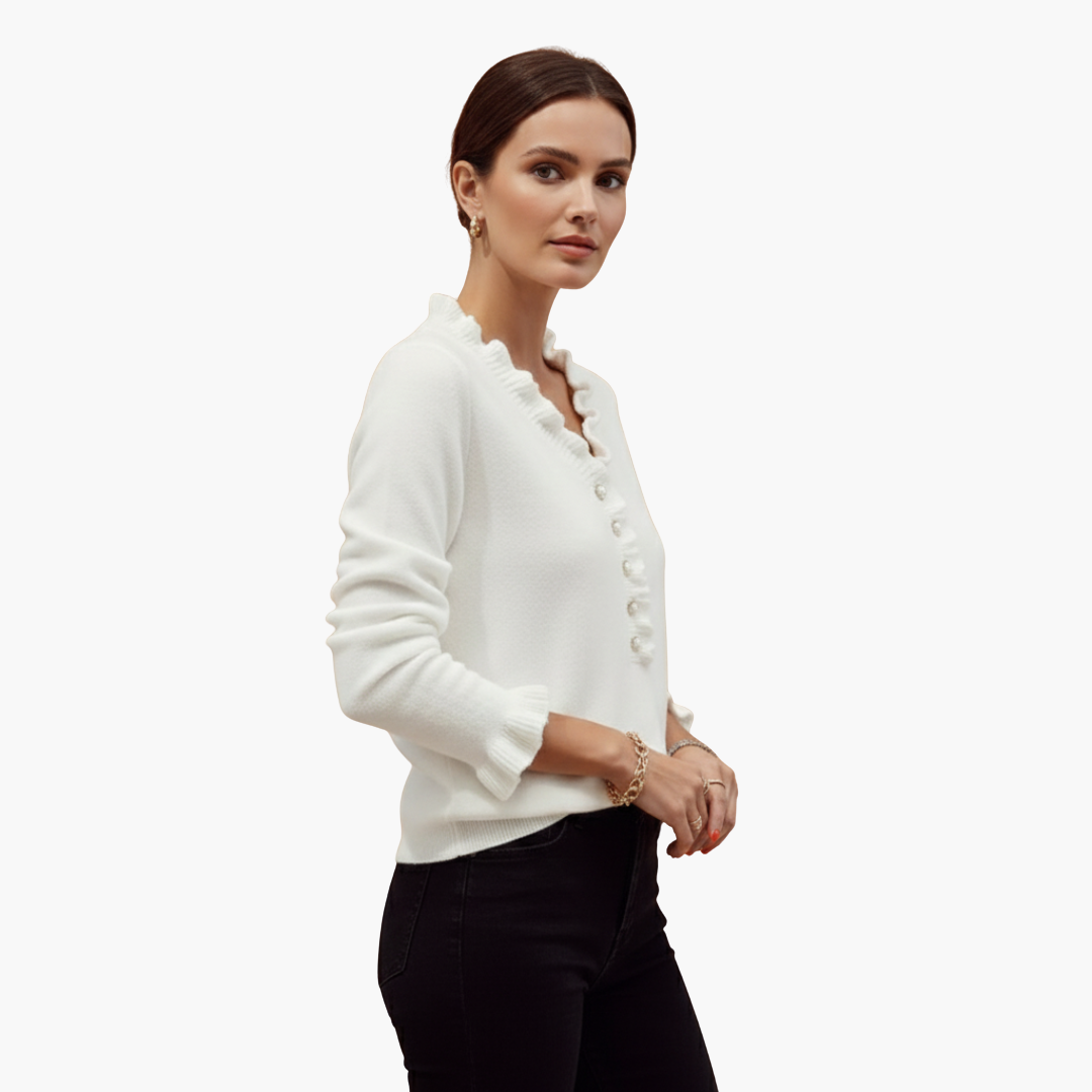 Women's long-sleeve sweater with ruffled collar and pearl buttons