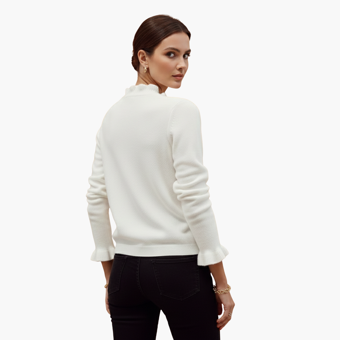 Women's long-sleeve sweater with ruffled collar and pearl buttons