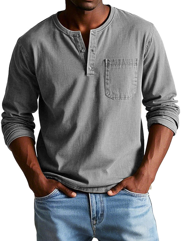 T-shirt homme manches longues | Encolure ronde boutonnée et poche poitrine | Style casual polyvalent