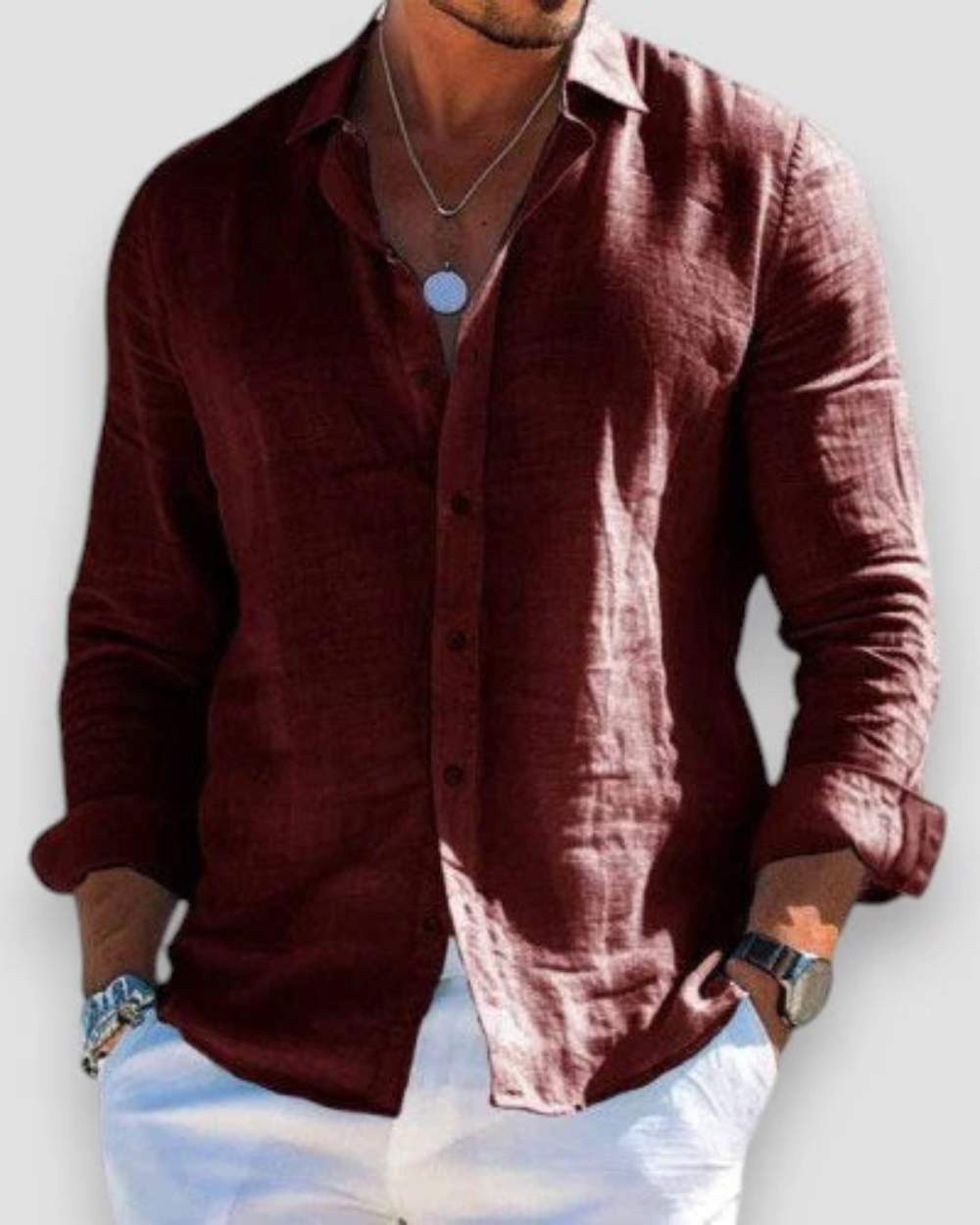 Chemise homme manches longues | Col classique, coupe ajustée | Manches retroussables, boutonnage intégral, coloris unis