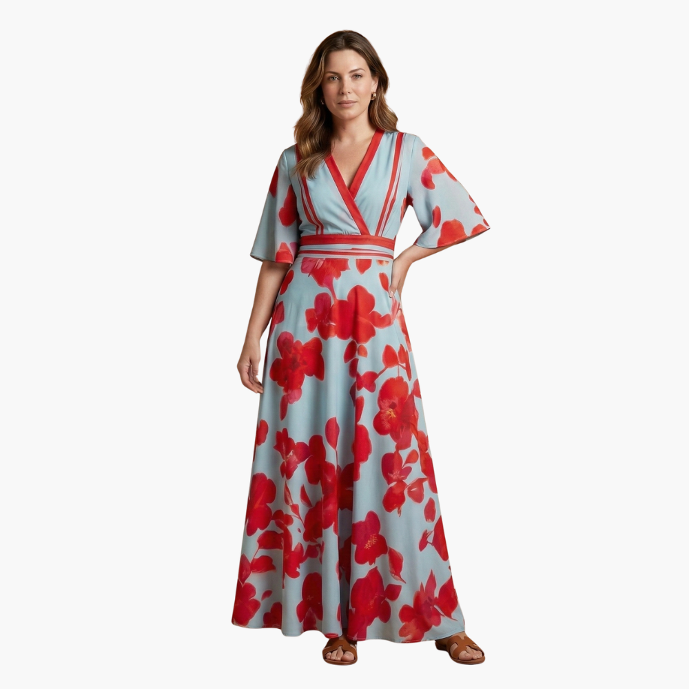 Women's long floral dress with V-neck collar