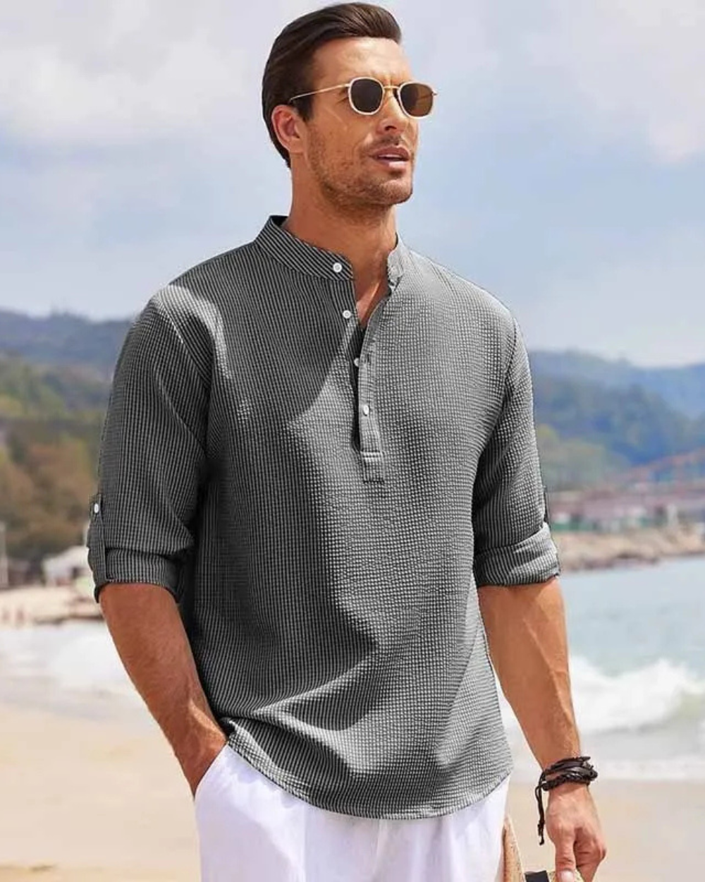 Chemise homme col tunisien | Manches longues retroussables, patte boutonnée | Coupe décontractée respirante