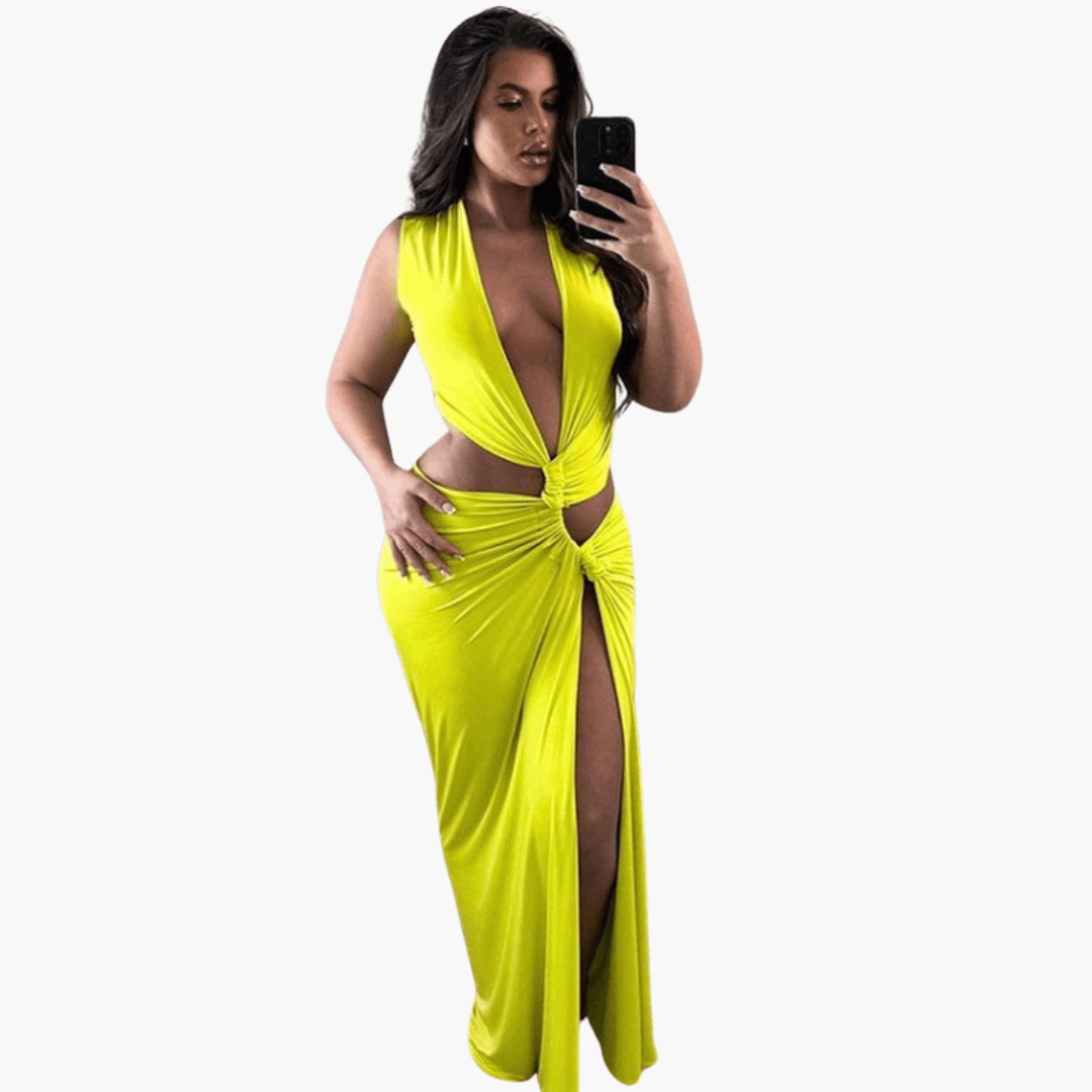 Abito estivo donna con intagli, scollo a V, spacco laterale