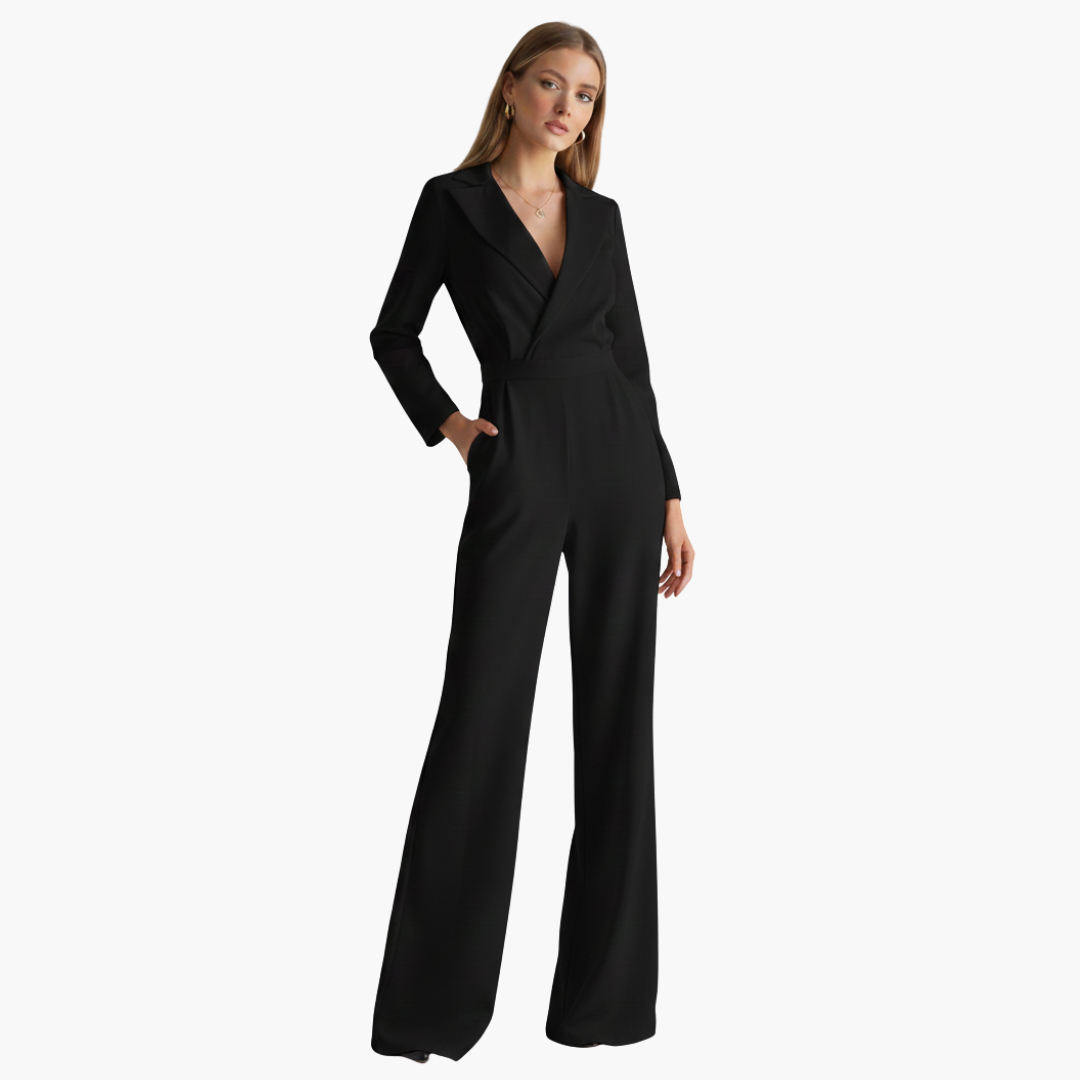 Women's long-sleeve jumpsuit with collar and wide legs