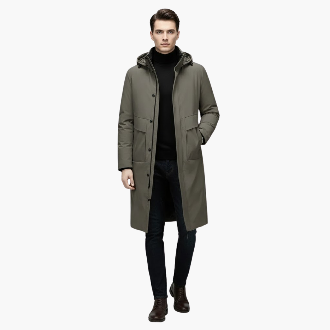 Manteau homme long avec capuche et fermeture zippée