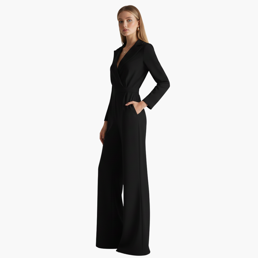 Women's long-sleeve jumpsuit with collar and wide legs
