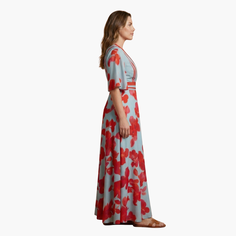 Women's long floral dress with V-neck collar