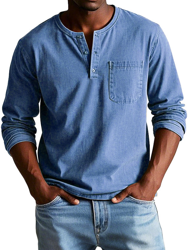 T-shirt homme manches longues | Encolure ronde boutonnée et poche poitrine | Style casual polyvalent